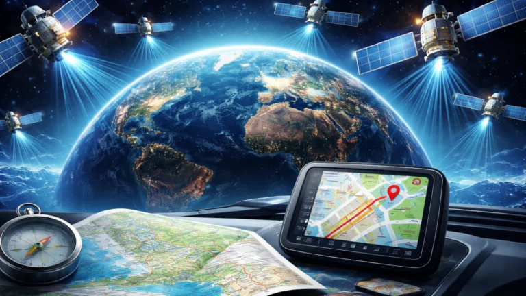 GPS sateliti iznad Zemlje sa kompasom, mapom i navigacijom u automobilu