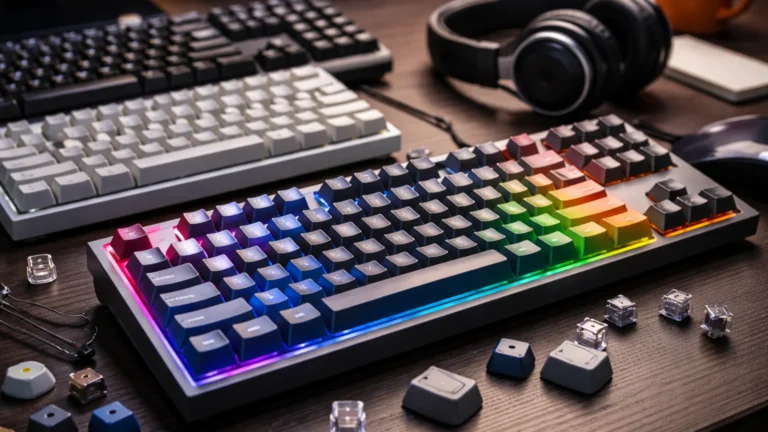 Kompjuterske tastature na radnom stolu, uključujući mehaničku RGB tastaturu i delove za prilagođavanje tastera