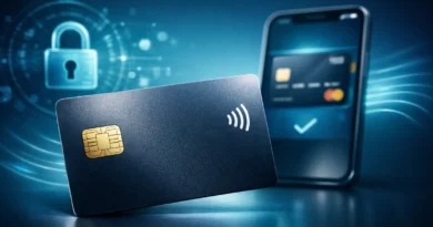 Kreditna kartica sa čipom i beskontaktnim simbolom ispred pametnog telefona sa digitalnim novčanikom i bezbednosnim ikonama