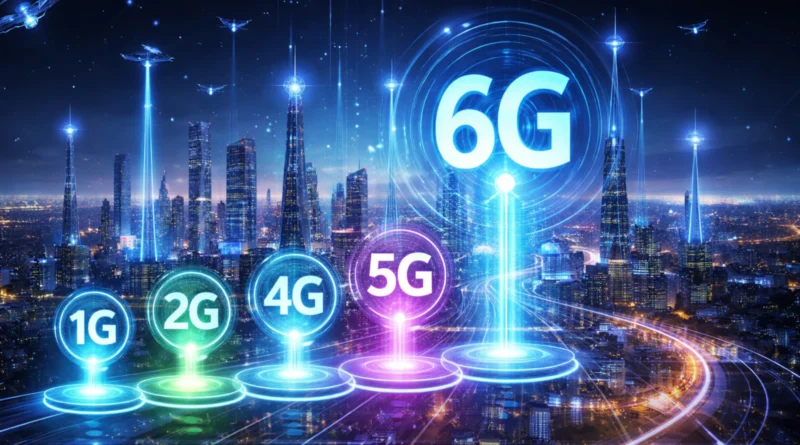 Ilustracija evolucije mobilnih mreža od 1G do 6G iznad futurističkog gradskog pejzaža