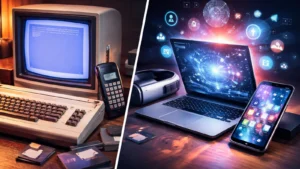 Poređenje stare i moderne tehnologije: retro računar, cigla telefon i diskete naspram laptopa, smartfona i VR uređaja