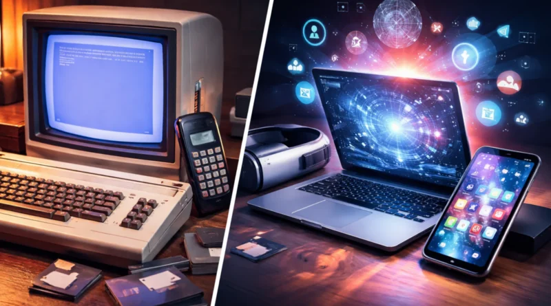 Poređenje stare i moderne tehnologije: retro računar, cigla telefon i diskete naspram laptopa, smartfona i VR uređaja