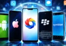 Ilustracija mobilnih telefona sa prikazom različitih operativnih sistema poput Androida, iOS-a, HarmonyOS-a, BlackBerry OS-a i Symbian-a