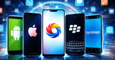 Ilustracija mobilnih telefona sa prikazom različitih operativnih sistema poput Androida, iOS-a, HarmonyOS-a, BlackBerry OS-a i Symbian-a