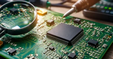 Zelena PCB ploča sa vidljivim bakarnim vodovima i elektronskim komponentama