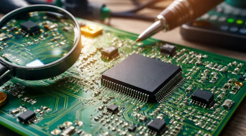 Zelena PCB ploča sa vidljivim bakarnim vodovima i elektronskim komponentama