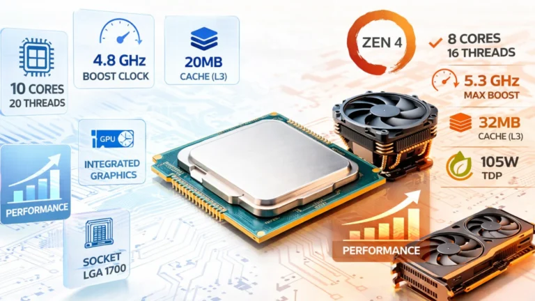 Ilustracija procesora i vizuelno prikazanih CPU specifikacija na svetloj tehnološkoj pozadini