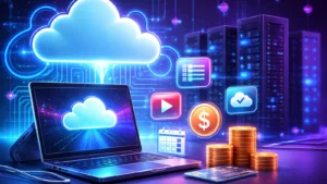 Ilustracija cloud PC koncepta: laptop povezan sa oblakom, ikonice pretplata i serveri u pozadini.