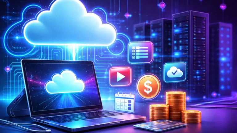 Ilustracija cloud PC koncepta: laptop povezan sa oblakom, ikonice pretplata i serveri u pozadini.