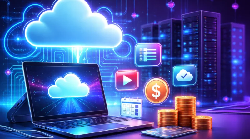 Ilustracija cloud PC koncepta: laptop povezan sa oblakom, ikonice pretplata i serveri u pozadini.