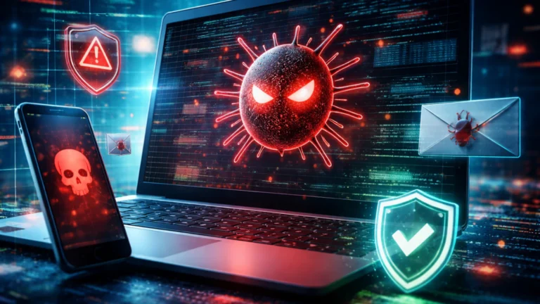 Laptop i pametni telefon sa simbolima sajber pretnji i zaštite u digitalnom okruženju