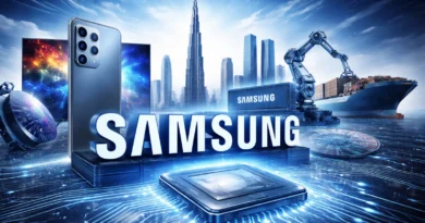 Ilustracija koja prikazuje Samsung kao globalnu tehnološku i industrijsku kompaniju kroz pametni telefon, ekran, čipove, robotiku, brod i moderne nebodere