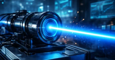 Savremeni laserski uređaj koji emituje plavi svetlosni snop u laboratorijskom okruženju