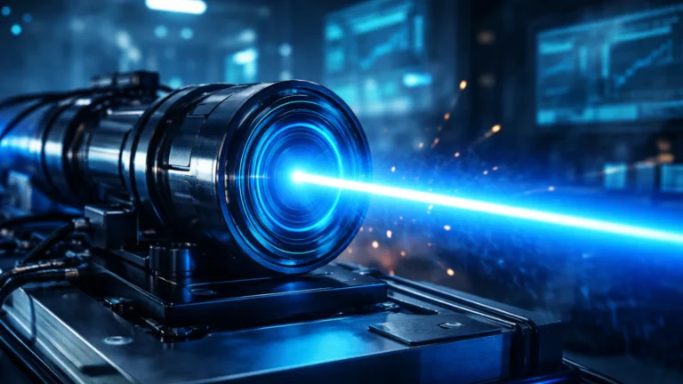 Savremeni laserski uređaj koji emituje plavi svetlosni snop u laboratorijskom okruženju