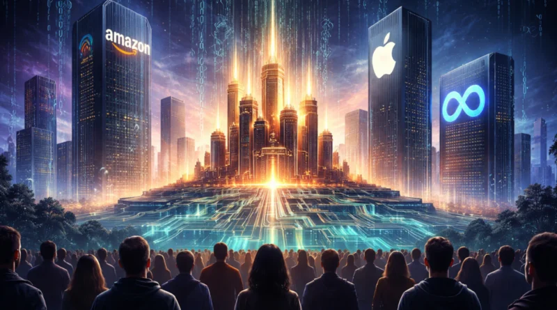 Futuristička ilustracija tehnofeudalizma sa centralnom digitalnom tvrđavom i neboderima koji simbolično prikazuju moć velikih tehnoloških platformi.