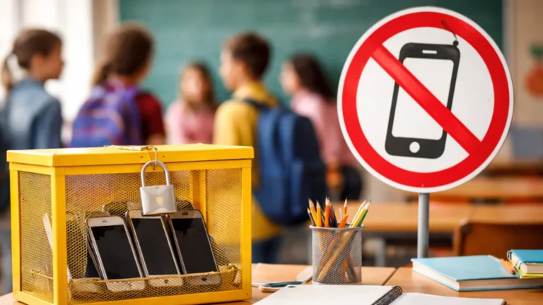 Učionica sa odloženim mobilnim telefonima i znakom zabrane korišćenja telefona u školi