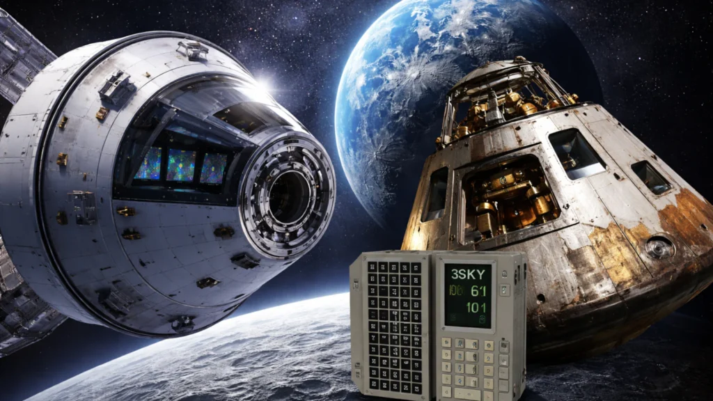 Poređenje NASA Orion letelice iz misije Artemis II i Apollo kapsule sa svemirskim računarima u pozadini Zemlje i Meseca