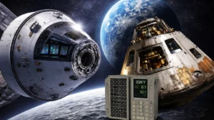 Poređenje NASA Orion letelice iz misije Artemis II i Apollo kapsule sa svemirskim računarima u pozadini Zemlje i Meseca