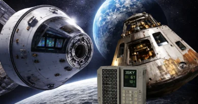 Poređenje NASA Orion letelice iz misije Artemis II i Apollo kapsule sa svemirskim računarima u pozadini Zemlje i Meseca