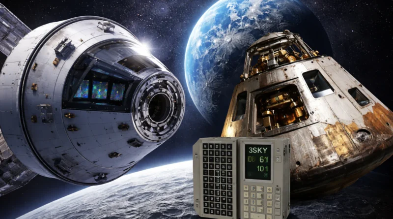 Poređenje NASA Orion letelice iz misije Artemis II i Apollo kapsule sa svemirskim računarima u pozadini Zemlje i Meseca