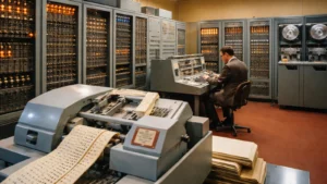 CER-10, prvi jugoslovenski digitalni računar, u računarskoj sali sa operaterom i bušenim trakama