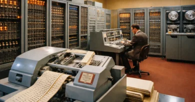 CER-10, prvi jugoslovenski digitalni računar, u računarskoj sali sa operaterom i bušenim trakama