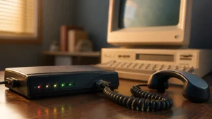 Retro modem povezan telefonskom slušalicom i starim računarom kao prikaz dial-up interneta preko fiksne linije.