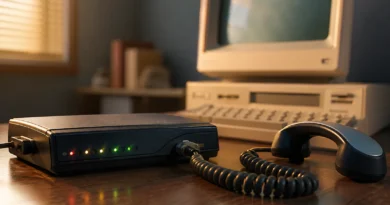 Retro modem povezan telefonskom slušalicom i starim računarom kao prikaz dial-up interneta preko fiksne linije.