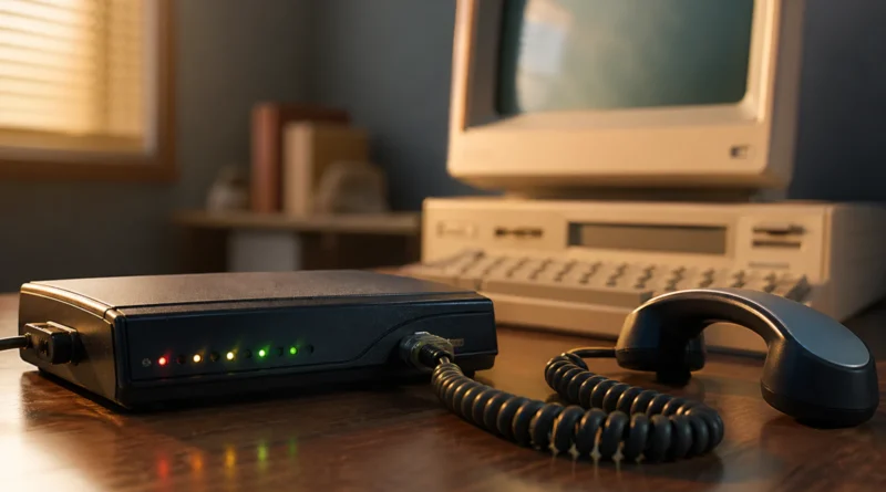 Retro modem povezan telefonskom slušalicom i starim računarom kao prikaz dial-up interneta preko fiksne linije.
