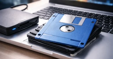 Plava 3,5-inčna disketa i USB flopi drajv pored modernog laptopa