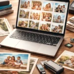 Laptop, porodične fotografije, kamera i uređaji za čuvanje digitalnih uspomena na stolu