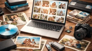 Laptop, porodične fotografije, kamera i uređaji za čuvanje digitalnih uspomena na stolu