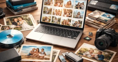 Laptop, porodične fotografije, kamera i uređaji za čuvanje digitalnih uspomena na stolu