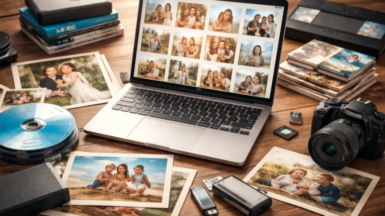 Laptop, porodične fotografije, kamera i uređaji za čuvanje digitalnih uspomena na stolu