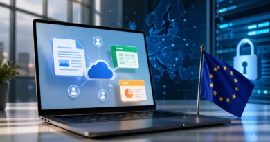 Euro-Office koncept sa laptopom, cloud dokumentima i EU zastavom u modernom digitalnom okruženju