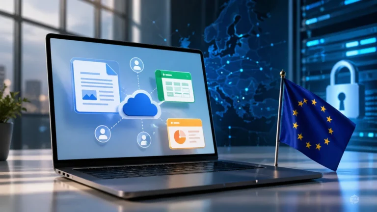 Euro-Office koncept sa laptopom, cloud dokumentima i EU zastavom u modernom digitalnom okruženju