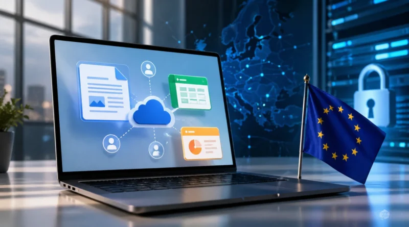 Euro-Office koncept sa laptopom, cloud dokumentima i EU zastavom u modernom digitalnom okruženju