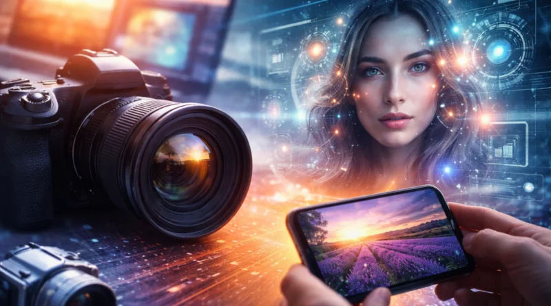 Digitalni fotoaparat, pametni telefon i AI generisana slika kao prikaz razvoja digitalne fotografije