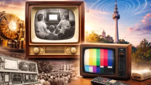 Ilustracija istorijskog razvoja televizije sa starim televizorima, daljinskim upravljačem i Avalskim tornjem u pozadini