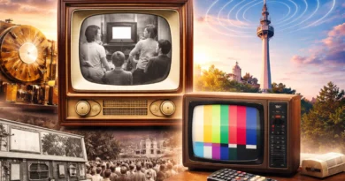 Ilustracija istorijskog razvoja televizije sa starim televizorima, daljinskim upravljačem i Avalskim tornjem u pozadini