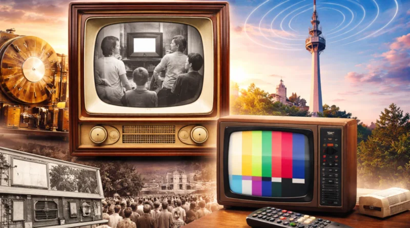 Ilustracija istorijskog razvoja televizije sa starim televizorima, daljinskim upravljačem i Avalskim tornjem u pozadini