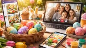 Uskršnja jaja, pametni telefon i video-poziv porodice kao prikaz digitalne proslave Uskrsa