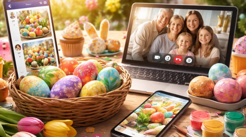 Uskršnja jaja, pametni telefon i video-poziv porodice kao prikaz digitalne proslave Uskrsa