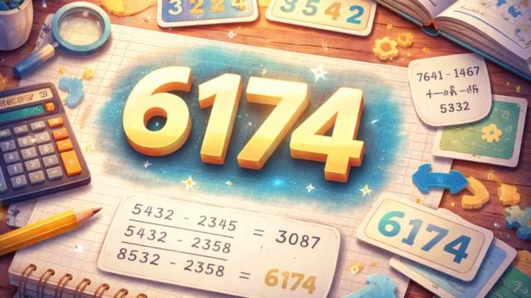 Broj 6174 prikazan kao centralni matematički motiv uz digitron, beležnicu i Kaprekarov postupak