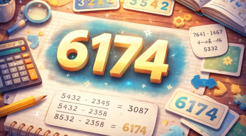 Broj 6174 prikazan kao centralni matematički motiv uz digitron, beležnicu i Kaprekarov postupak