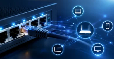 Ruter sa mrežnim kablom i prikazom povezanih uređaja u lokalnoj mreži, ilustracija razlike između MAC i IP adrese