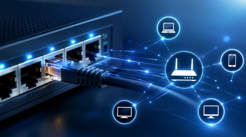 Ruter sa mrežnim kablom i prikazom povezanih uređaja u lokalnoj mreži, ilustracija razlike između MAC i IP adrese