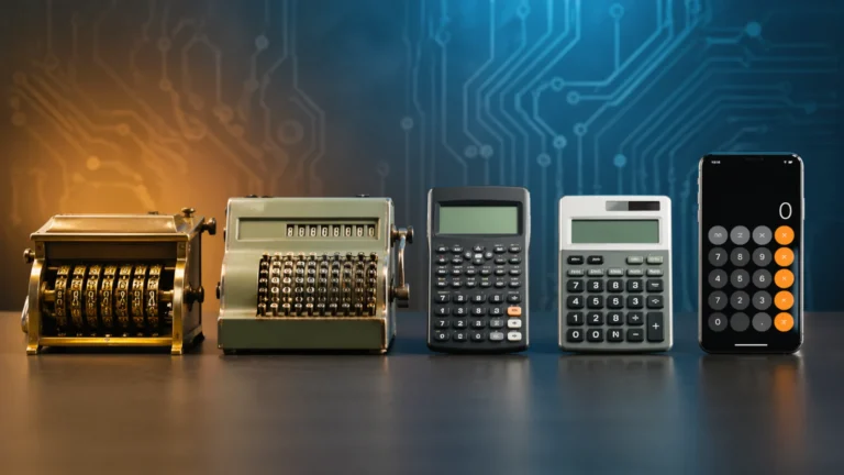 Prikaz razvoja digitrona od mehaničke računske mašine do modernog digitalnog kalkulatora i aplikacije na telefonu