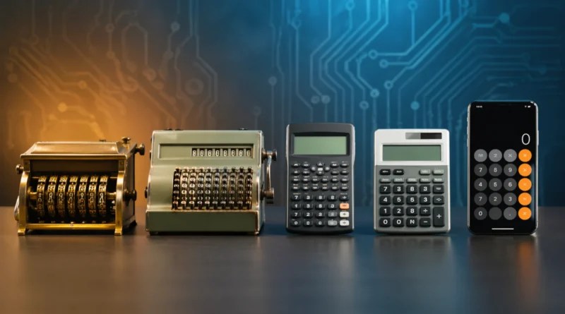 Prikaz razvoja digitrona od mehaničke računske mašine do modernog digitalnog kalkulatora i aplikacije na telefonu