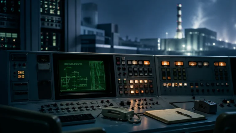 Kontrolna soba nuklearne elektrane sa starim računarskim sistemom i komandnim panelima, ilustracija teme o SKALA računaru u Černobilju